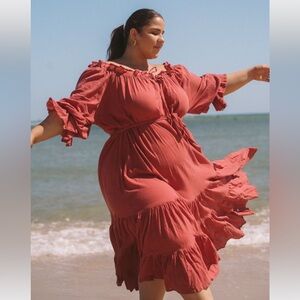 Hazel & Folk Emmaline tiered Orange Red Rust Ruffle Dress Maxi Off shoulder OS